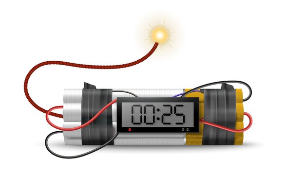 Composición realista de bomba de dinamita con vista aislada de bomba hecha a sí misma con ilustración de vector de temporizador de cuenta regresiva de reloj digital