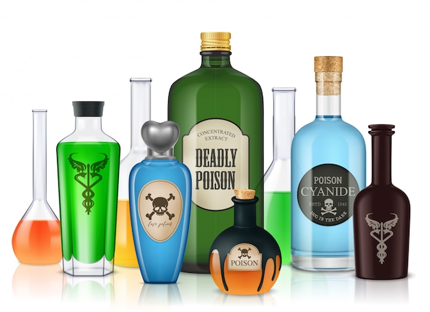 Composición realista de botellas de veneno con tubos de vidrio y recipientes llenos de líquidos coloridos