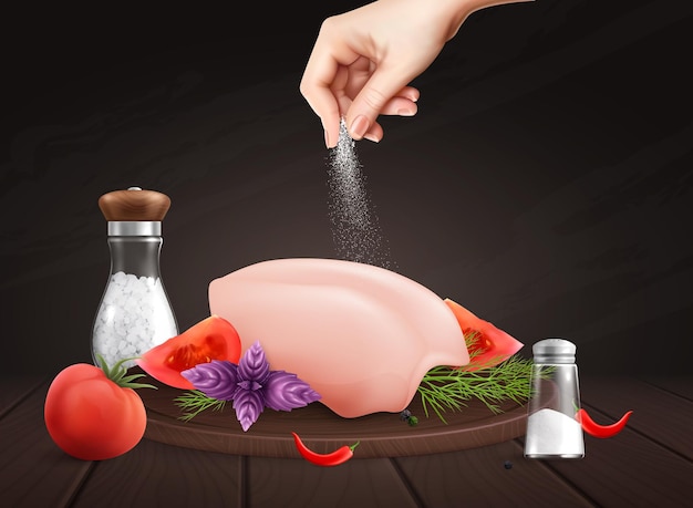 Composición realista de carne salada con mano humana vertiendo una pizca de sal sobre carne cruda con ilustración de verduras
