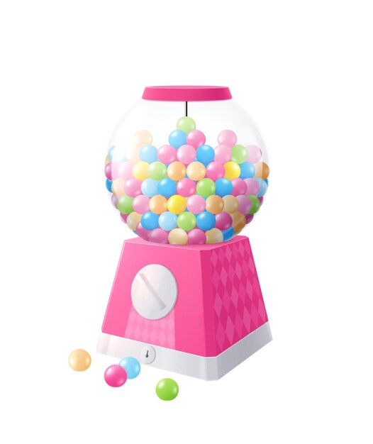 Composición realista de chicle con máquina expendedora en forma de bola con chicles de colores