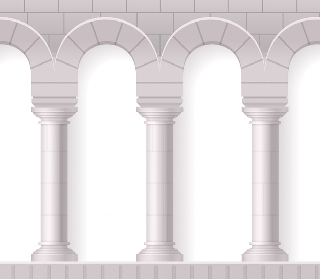 Composición realista de columnas blancas antiguas con formas arquitectónicas clásicas y textura de ladrillo en blanco
