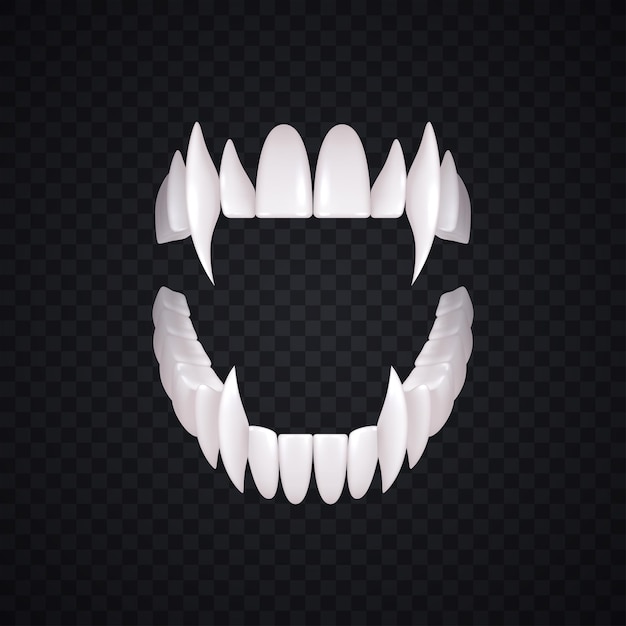 Composición realista de dientes de vampiro con imagen aislada de dientes de depredadores blancos con colmillos en ilustración de vector de fondo transparente