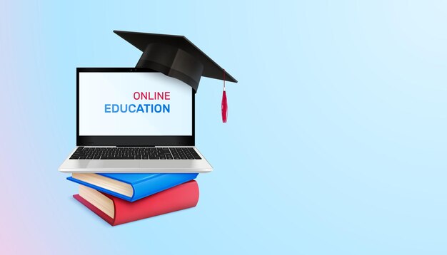 Composición realista de educación de graduación con fondo degradado y pila de libros con computadora portátil e ilustración de vector de sombrero académico