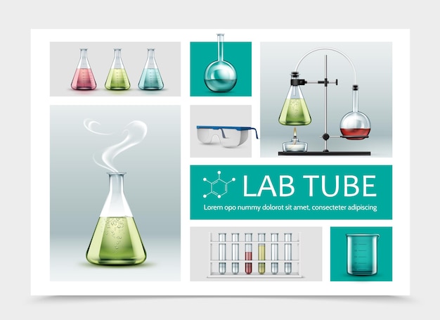 Vector gratuito composición realista del equipo de laboratorio con vasos protectores de tubos llenos y prueba de reacción química con matraces y quemador de alcohol