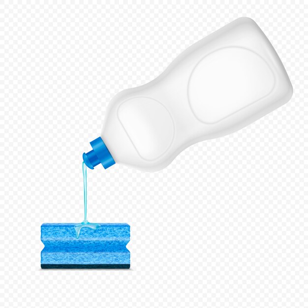 Composición realista de esponja de detergente que gotea en transparente con una botella de plástico blanco de líquido para lavar platos