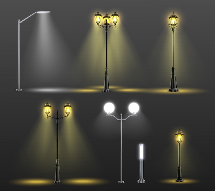 Vector gratuito composición realista de farolas con seis estilos diferentes y luz de ilustración de bombillas