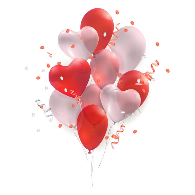 Composición realista de la fiesta de celebración que consiste en globos de aire rojos y blancos en forma de ilustración de vector de corazón