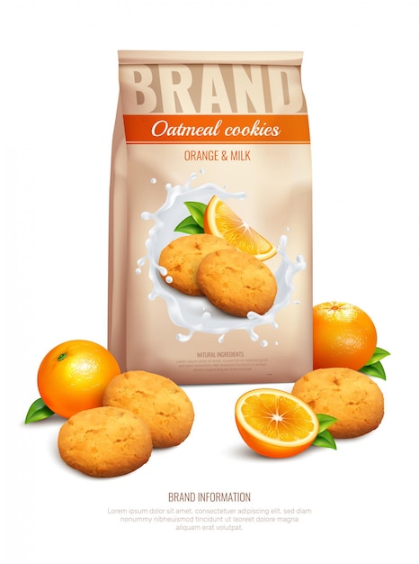 Composición realista de galletas con símbolos de sabor a naranja y leche