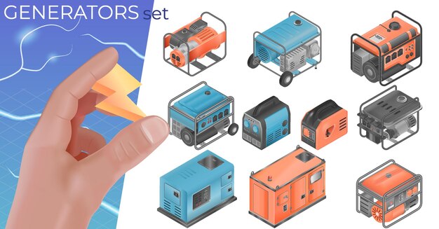 La composición realista del generador eléctrico con la mano humana sosteniendo un cartel de relámpago con pernos e iconos aislados establece ilustración vectorial