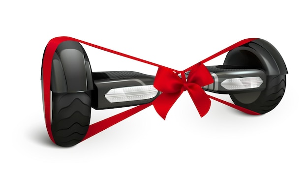 Vector gratuito composición realista de hoverboard con imagen aislada de scooter autoequilibrante moderno atado con ilustración de vector de cinta roja festiva