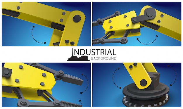Vector gratuito composición realista de la industria inteligente con manipuladores y brazos robóticos industriales amarillos mecánicos