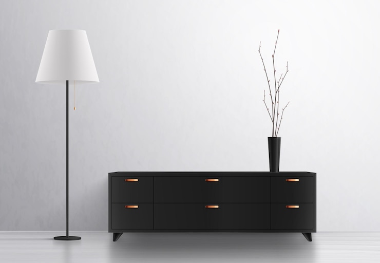 Vector gratuito composición realista del interior de la lámpara de iluminación de la casa con muebles de diseño y jarrón con lámpara de pie y taquilla