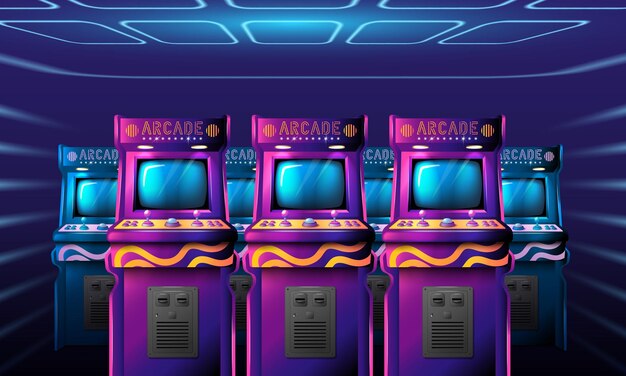 Composición realista de juegos de arcade con interior de estilo cyberpunk interior y filas de máquinas de juego vintage ilustración vectorial