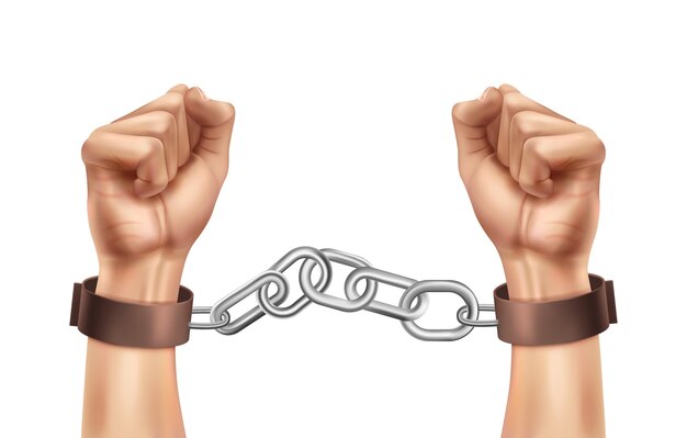 Composición realista de la justicia social del día mundial con manos humanas encadenadas