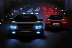 Vector gratuito composición realista de luces led de coche con vista de la carretera nocturna y siluetas de ilustración de semáforos de automóvil