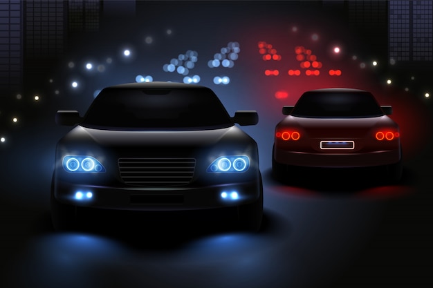Composición realista de luces led de coche con vista de la carretera nocturna y siluetas de ilustración de semáforos de automóvil
