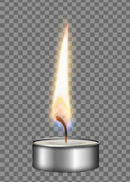 Composición realista de la luz del fuego de la llama del caso de metal de la vela coloreada en la ilustración de fondo transparente
