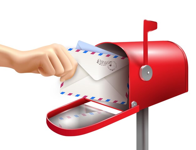 Composición realista de la mano de la carta del buzón con sobres de mano humana y buzón clásico