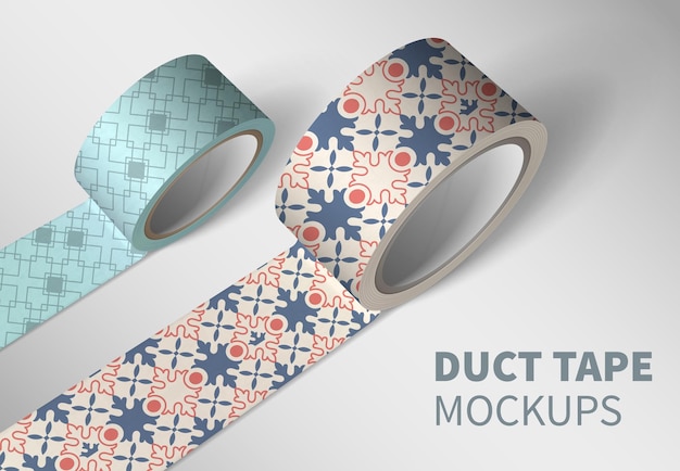 Composición realista de maqueta de cinta adhesiva con texto editable de fondo blanco y dos rollos adornados de ilustración de vector de cinta