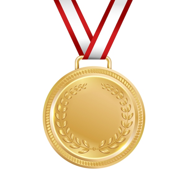 Composición realista de medalla de premio con imagen aislada de medalla con corona de laurel en ilustración de vector de fondo en blanco