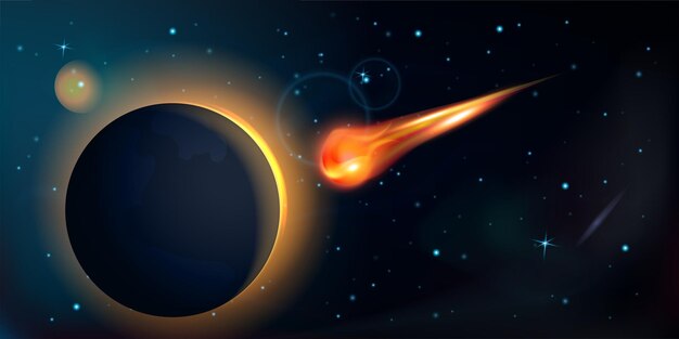 Composición realista con el paisaje del espacio exterior y la vista del meteorito en llamas que vuela en dirección a la ilustración del vector del planeta