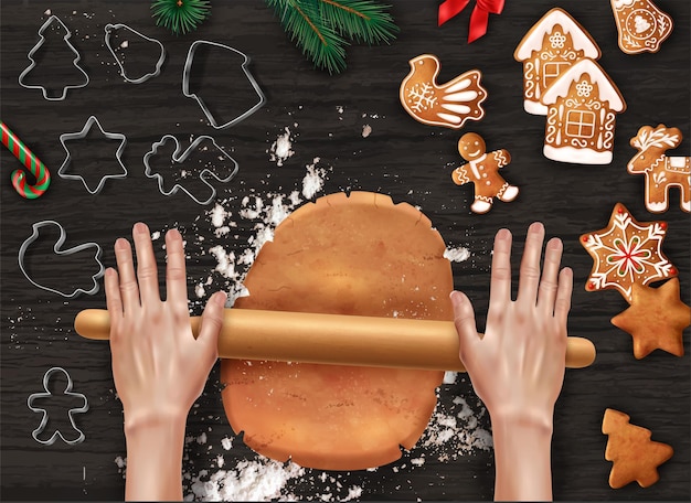 Vector gratuito composición realista de pasteles de galletas navideñas, las manos en el marco están extendiendo la masa para las galletas navideñas y hay cortadores de galletas en la ilustración vectorial de la mesa