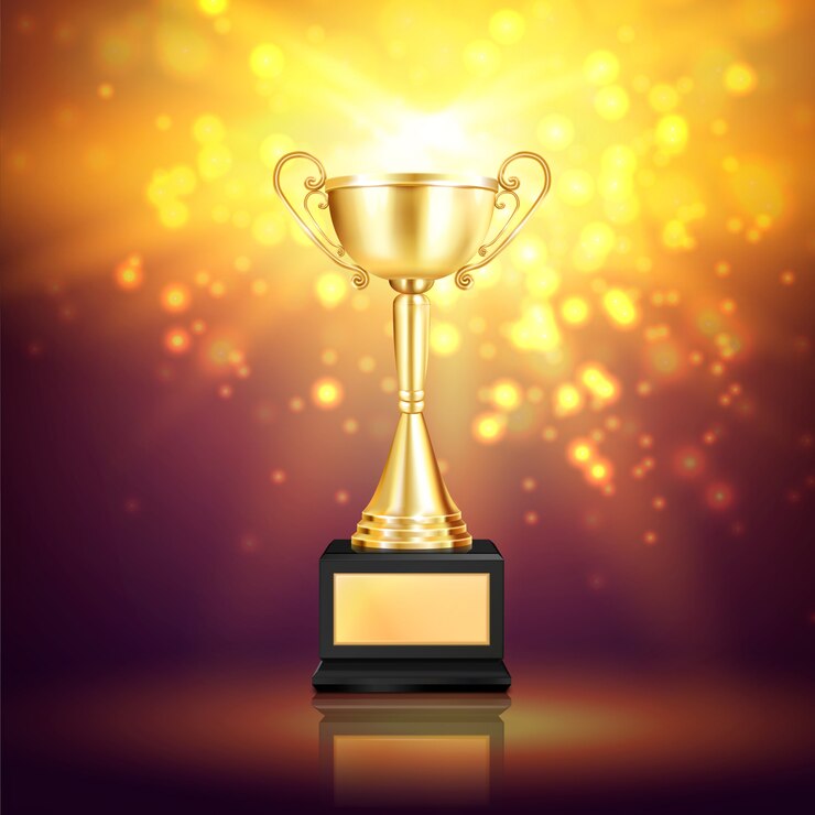 Vector gratuito composición realista del premio trofeo brillante con partículas brillantes e imagen de la copa de oro ganadora sobre pedestal