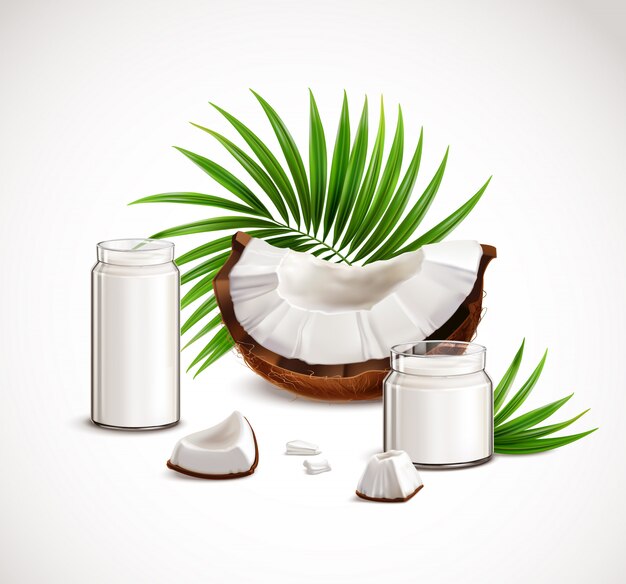 Composición realista de primer plano de coco con segmentos de nuez piezas de carne blanca frascos de vidrio lleno leche hojas de palma ilustración