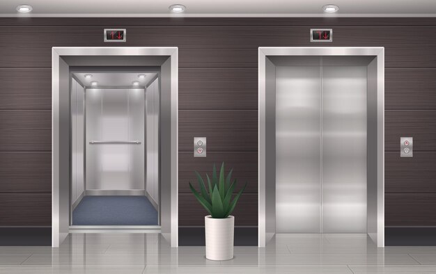 Composición realista de la puerta del ascensor con vista frontal de las puertas del pasillo del ascensor con poste lateral e ilustración de la planta de inicio