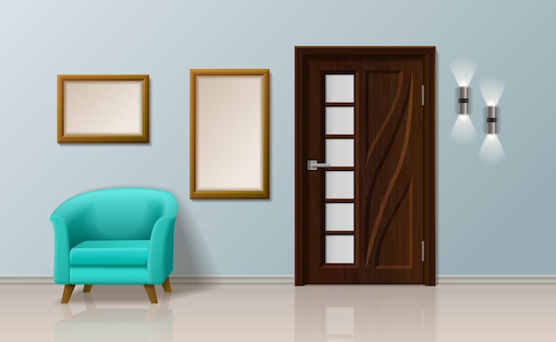 Vector gratuito composición realista de la puerta con vista frontal del interior de la habitación moderna con marcos de sillón e ilustración de vector de puerta cerrada