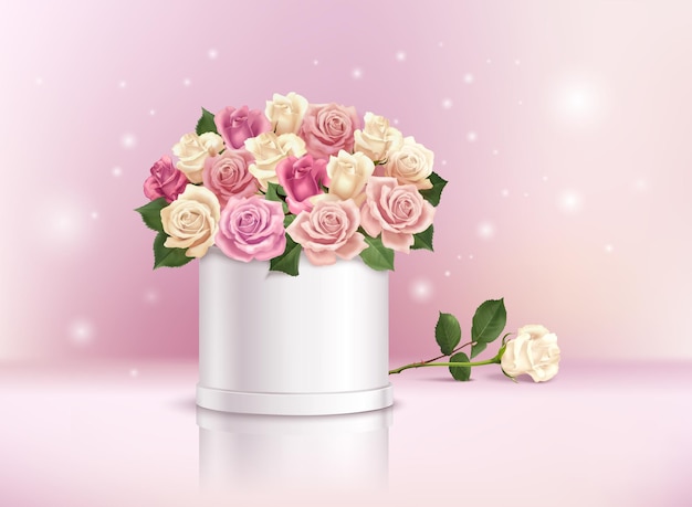 Composición realista con ramo romántico de rosas de colores en la ilustración de la caja
