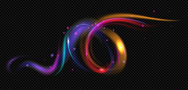 Composición realista de remolinos de viento con rizo de aire de color arco iris aislado con partículas brillantes e ilustración de vector de fondo oscuro