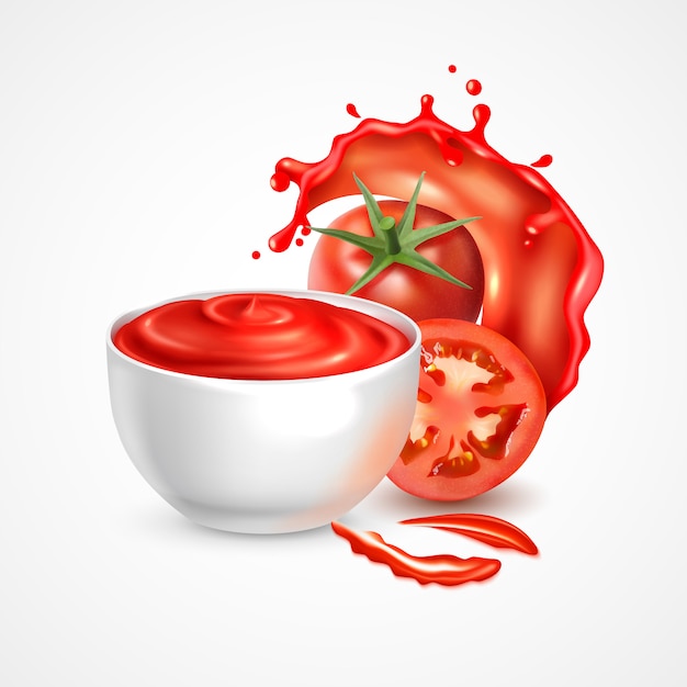 Composición realista de tazón de salsa de tomate con vegetales enteros frescos y rebanada en salpicaduras de jugo