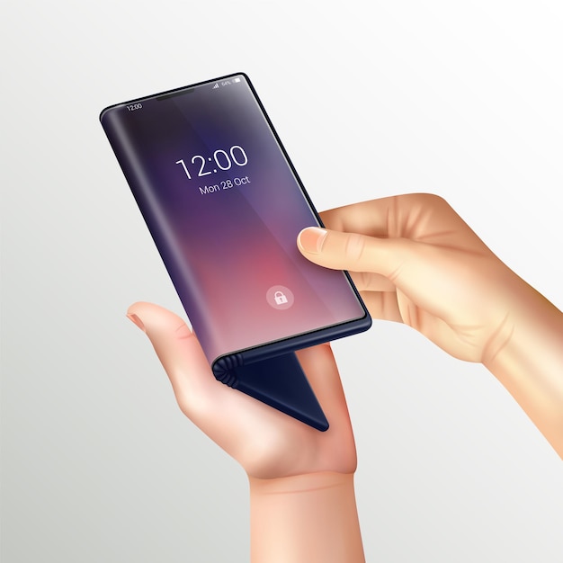 Vector gratuito la composición realista del teléfono inteligente plegable con manos humanas sostiene el teléfono plegable junto a la pantalla en gradiente