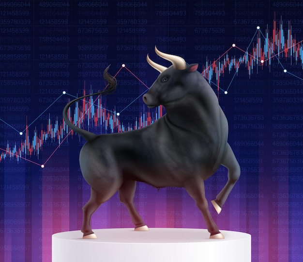 Composición realista de toro de color con imagen realista de toro en pedestal frente a ilustración de vector de gráfico de acciones