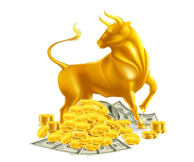 Composición realista de toro de color con vista aislada de toro dorado de pie sobre monedas y billetes pila ilustración vectorial