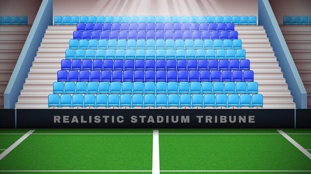 Composición realista de la tribuna del estadio con vista al campo de juego y sector de asientos vacíos para la ilustración vectorial de los aficionados al deporte