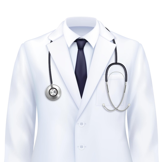 Vector gratuito composición realista uniforme del médico con vista de especialistas médicos traje inteligente con corbata de camisa e ilustración de vector de estetoscopio