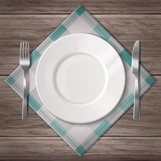 Composición realista de vajilla con vista superior de tenedor de plato blanco limpio y cuchillo en servilleta en ilustración de vector de mesa de madera