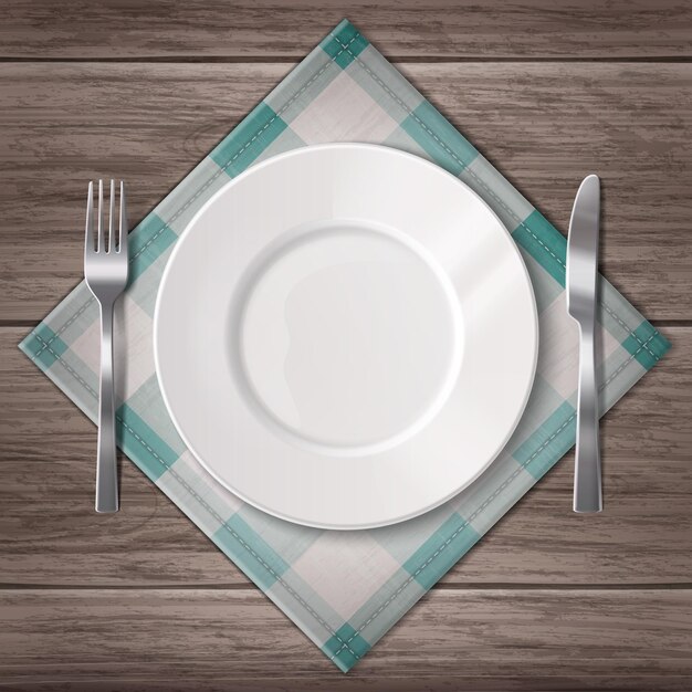 Composición realista de vajilla con vista superior de tenedor de plato blanco limpio y cuchillo en servilleta en ilustración de vector de mesa de madera