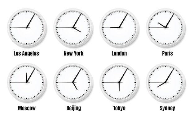 Composición realista de zonas horarias de reloj de oficina con relojes que muestran la hora en todo el mundo ilustración vectorial aislada