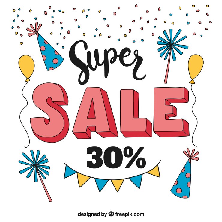 Vector gratuito composición de rebajas con elementos de fiesta