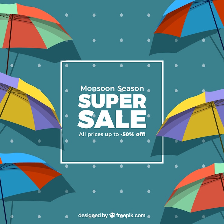 Vector gratuito composición de rebajas de la época del monzón con diseño plano