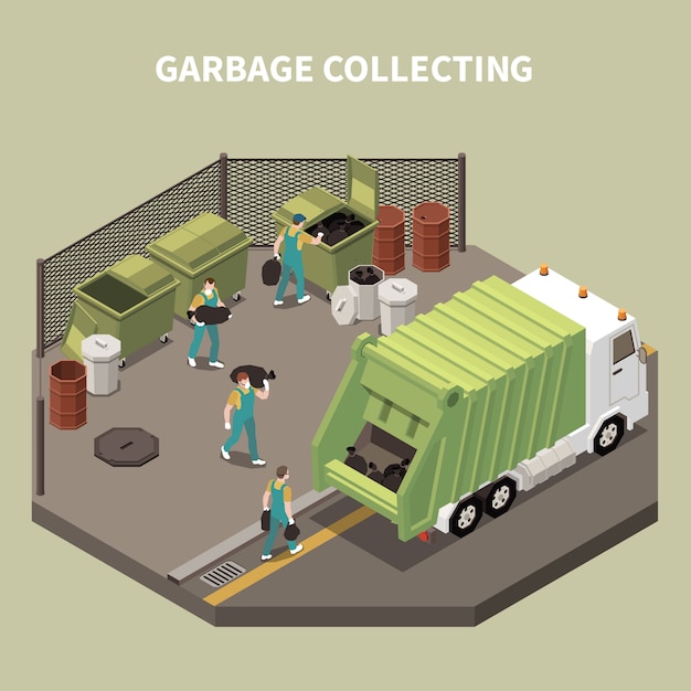 Composición de reciclaje de basura coloreada e isométrica con recolección de basura y ilustración de carroñeros de trabajadores