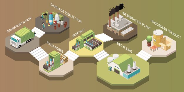 Composición de reciclaje de basura isométrica con recogida de transporte embalaje clasificación reciclaje planta de incineración producto procesado pasos ilustración