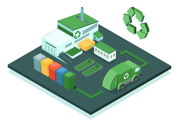 Composición de reciclaje isométrica con vista aislada del área de la fábrica con contenedores de construcción de plantas e ilustración de vector de camión volquete