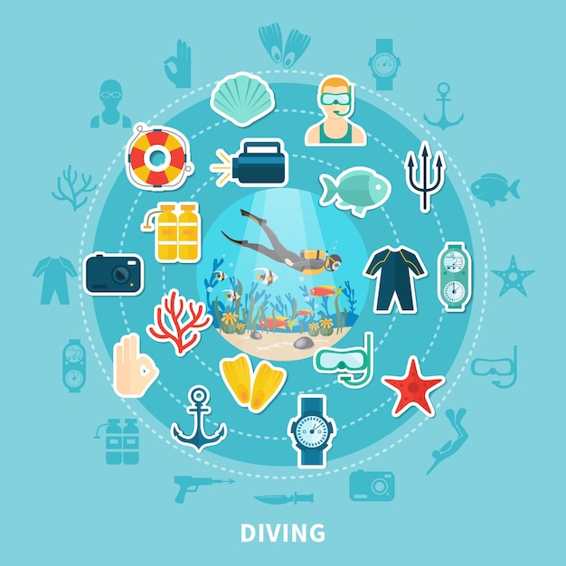 Composición redonda de buceo con equipo de buceo, aro salvavidas y fauna submarina.