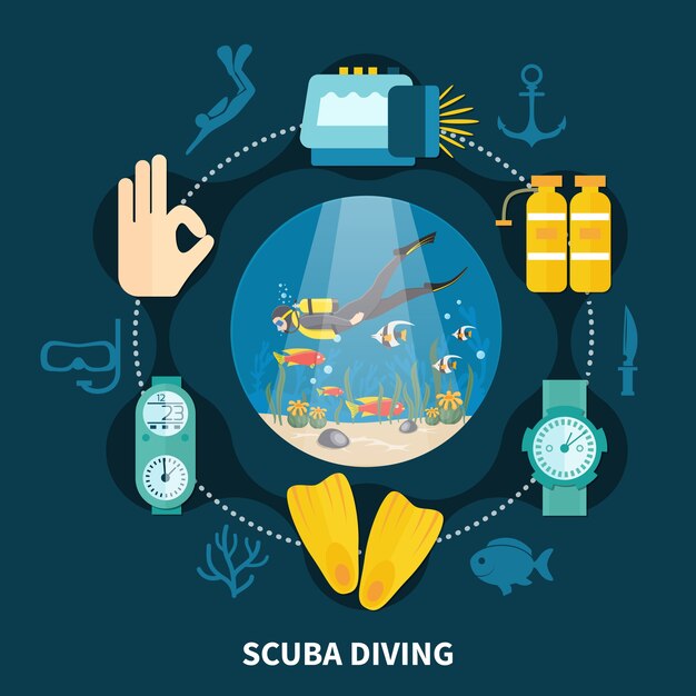 Composición redonda de buceo con persona nadando entre peces e íconos con equipo submarino