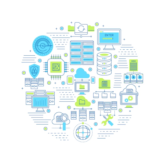 Composición redonda del centro de datos con equipo de servidor y sistema de seguridad, tecnología de internet y servicio en la nube