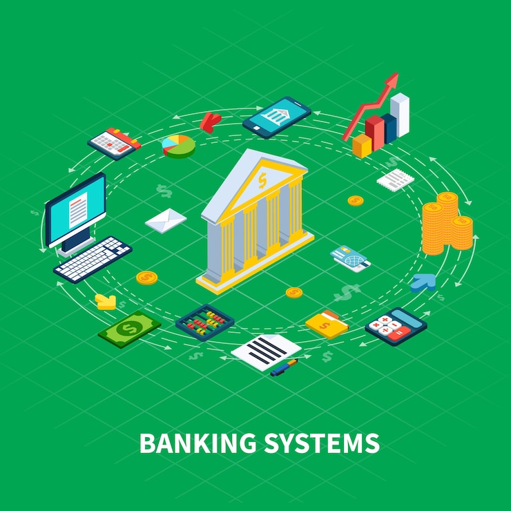 Vector gratuito composición redonda isométrica de datos de elementos del organizador e iconos de dinero con electrónica informática y fachada bancaria